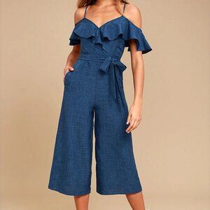 Lost in Love Dark Blue Off-the-Shoulder Midi Jumpsuit
